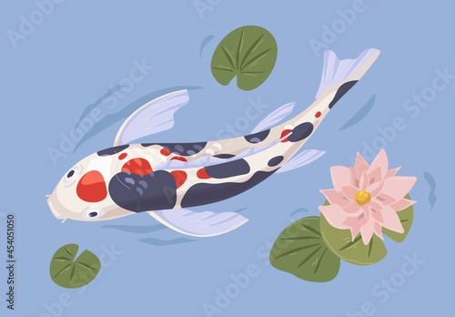 Japanese koi fish in Asian garden pond with leaf and lotus flower. Chinese decorative zen carp swimming in water. Above view of orient aquatic peaceful animal. Colored flat vector illustration