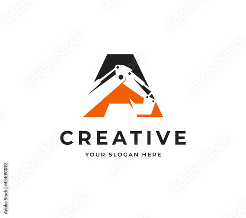 Letter A Excavator Vector Logo. Creative Alphabet Letter A Logo Design