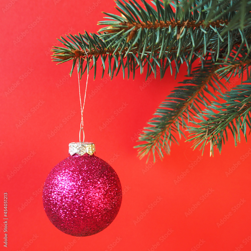 A shiny round pink Christmas toy on a red background is hanging on the Christmas tree . side view . Christmas
