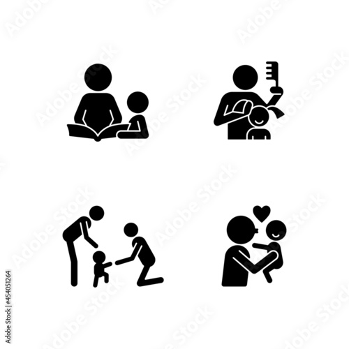 Family bonding time black glyph icons set on white space. Storytelling with kid. Brushing child hair. Baby first steps. Express parental love. Silhouette symbols. Vector isolated illustration