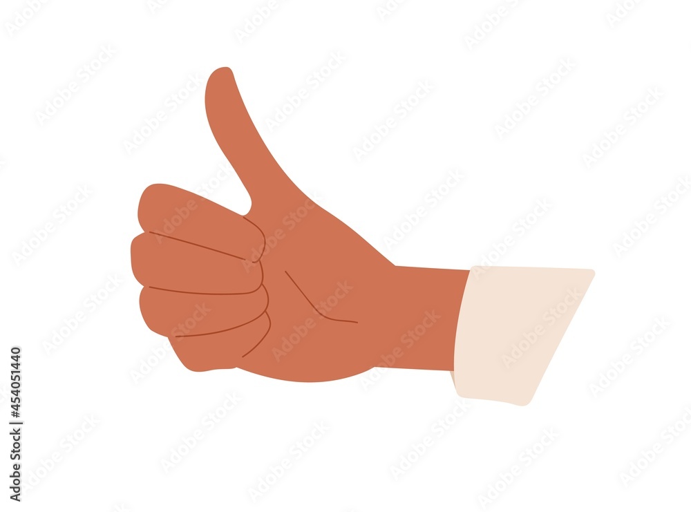 Black-skinned hand of man showing thumb up gesture, approving smth. OK, Like and Yes sign. Good positive feedback. Concept of agreement. Colored flat vector illustration isolated on white background