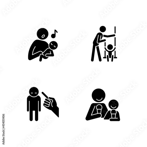 Child care black glyph icons set on white space. Singing to baby. Playing on swings. Punishment gesture. Eating ice cream together. Emotional bond. Silhouette symbols. Vector isolated illustration
