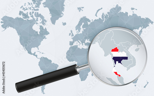 World map with a magnifying glass pointing at Thailand. Map of Thailand with the flag in the loop.