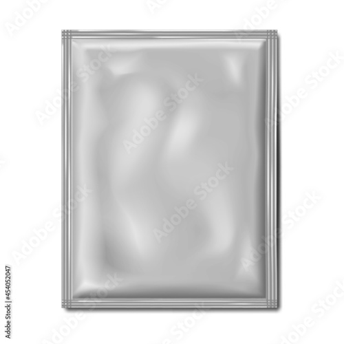 Blank white sachet packet package, realistic vector mockup. Flat pouch, template. Food, medical or cosmetic product individual packaging, mock-up