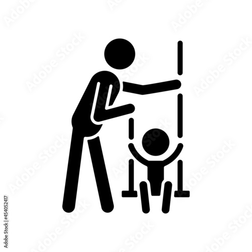 Playing on swings black glyph icon. Outdoor play with child. Motor skills development. Increase emotional bonding with parent. Silhouette symbol on white space. Vector isolated illustration