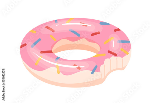 Donut-shaped inflatable rubber ring for swimming in water. Bitten-off glazed pink doughnut toy for pool fun. Flat cartoon vector illustration of funny beach item isolated on white background