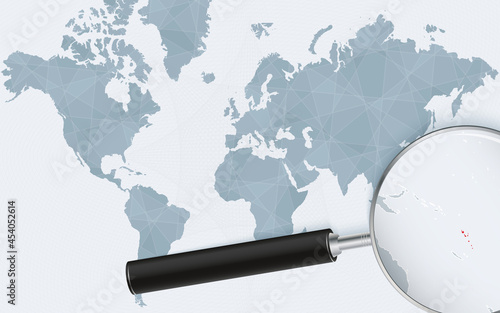 World map with a magnifying glass pointing at Vanuatu. Map of Vanuatu with the flag in the loop.