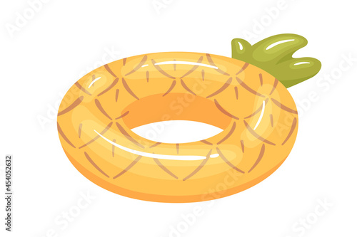 Inflatable rubber ring in shape of fruit. Childish summer glossy toy for swimming in water, pool and sea. Pineapple life saver. Colored flat vector illustration isolated on white background