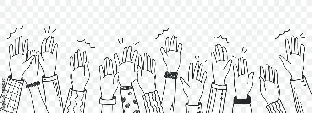 Vector hand drawn  illustration  human hands  waving isolated on white background. Crowd, party