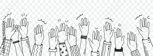 Vector hand drawn illustration human hands waving isolated on white background. Crowd, party