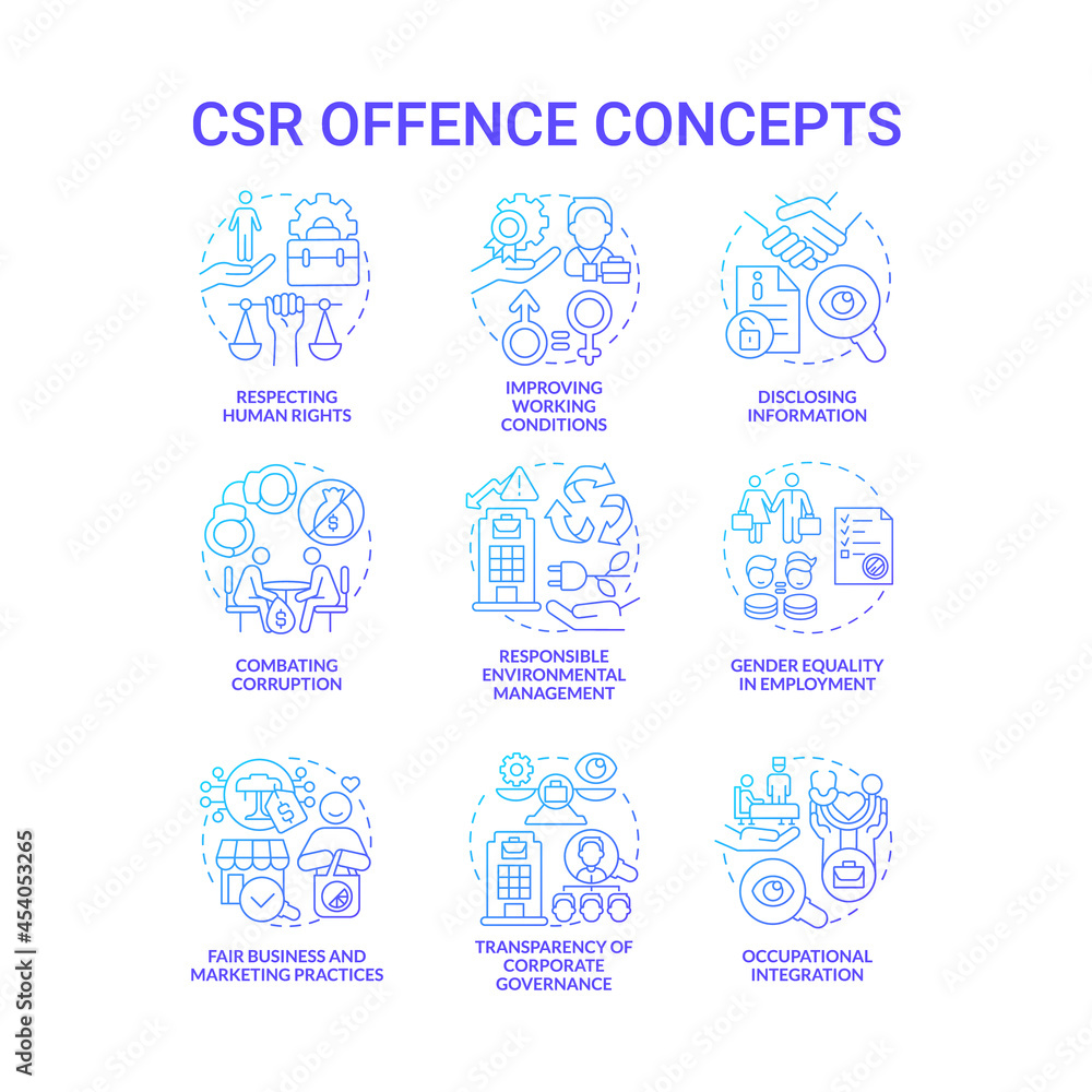 Corporate social responsibility offence blue gradient concept icons set. Workplace rights. Voluntary policies and regulations idea thin line color illustrations. Vector isolated outline drawings.