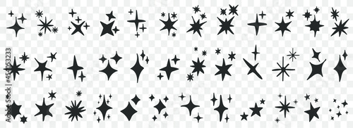 Set of black hand drawn set doodle stars. Doodle stars icons 