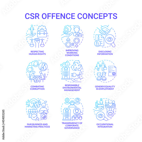 Corporate social responsibility offence blue gradient concept icons set. Workplace rights. Voluntary policies and regulations idea thin line color illustrations. Vector isolated outline drawings.