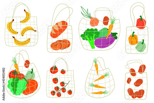 Set of eco shopping net bags with various products. Fruits and vegetables. Cartoon style. Flat design
