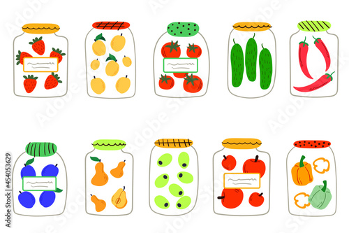 A set of glass jars with pickled vegetables and fruits. Cartoon flat vector illustration. Vector illustration of canned fruits and vegetables, healthy meal set