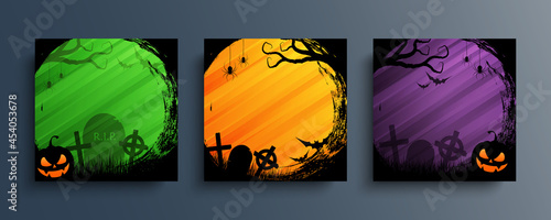 Set of Halloween backgrounds with black circle brush strokes and traditional holiday spooky symbols for your Halloween creative graphic design. Vector illustration.	