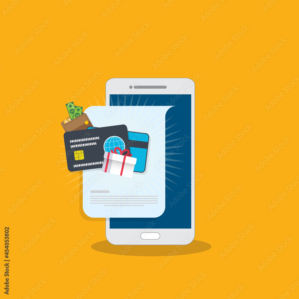 Smart phone notification with gift box, money, present and cash. Online award or bonus achievement as giveaway. Smart phone notification with gift box, money, present and cash. Online award or bonus achievement as giveaway.