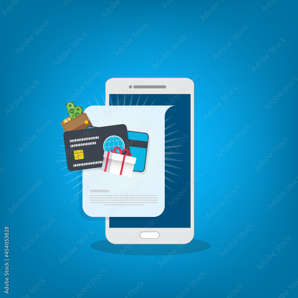 Smart phone notification with gift box, money, present and cash. Online award or bonus achievement as giveaway. Smart phone notification with gift box, money, present and cash. Online award or bonus achievement as giveaway.