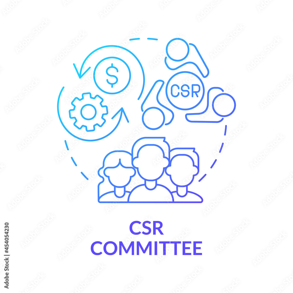 CSR committee blue gradient concept icon. Board of directors abstract idea thin line illustration. Corporate social responsibility. Finance management. Vector isolated outline color drawing. CSR committee blue gradient concept icon. Board of directors abstract idea thin line illustration. Corporate social responsibility. Finance management. Vector isolated outline color drawing.