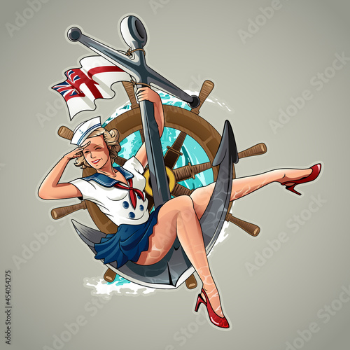 Sailorette pin up girl WW2 vintage art vector illustration.
all layers are unlocked including the uniform. all layers are editable due to the vector format lexibility.