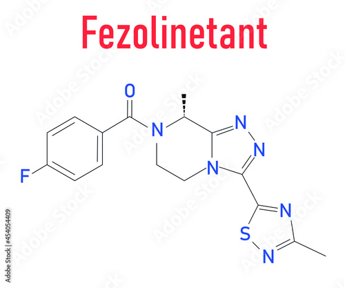Fezolinetant drug molecule (NK3 receptor inhibitor) skeletal formula.