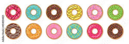 Donuts with glaze. Sweet doughnuts. Set glossy icing desserts isolated on white background. Top view of birthday pastry. Chocolate confectionery. Flat design. Vector illustration.