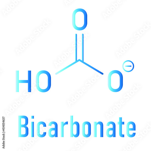 Bicarbonate anion skeletal formula, chemical structure. Common salts include sodium bicarbonate (baking soda) and ammonium bicarbonate.