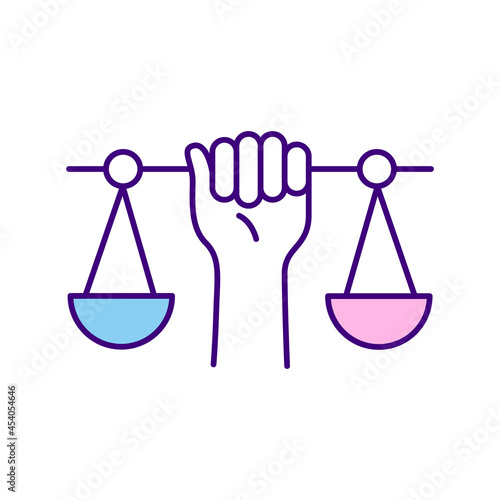 Scales and hand RGB color icon. Symbol of justice. Human rights and equality. Persons rights at workplace. Protect human entitlements. Isolated vector illustration. Simple filled line drawing
