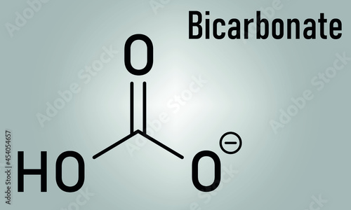 Bicarbonate anion skeletal formula, chemical structure. Common salts include sodium bicarbonate (baking soda) and ammonium bicarbonate.