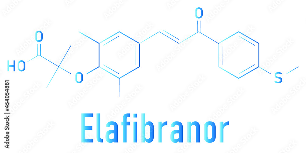 Elafibranor drug molecule skeletal formula. Elafibranor drug molecule skeletal formula.