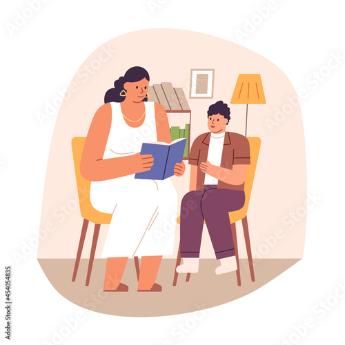 Parent checking kids homework. Mother helping child in studying. Mom and son reading school book at home together. Woman and schoolkid. Flat vector illustration isolated on white background