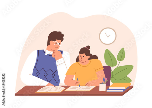 Parent helping child to do homework. Father and school kid sitting at desk and studying at home together. Dad supporting girl in learning. Colored flat vector illustration isolated on white background