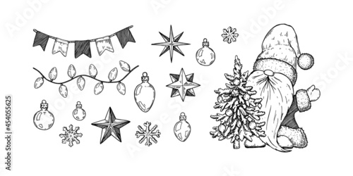 Hand drawn Christmas gnome in Santa Claus costume with Christmas tree and decorations. Vector illustration in sketch style