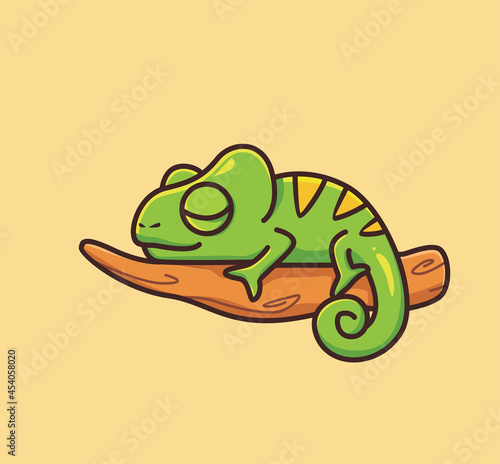 cute baby chameleon sleeping lazy on branch. cartoon animal nature concept Isolated illustration. Flat Style suitable for Sticker Icon Design Premium Logo vector. Mascot Character
