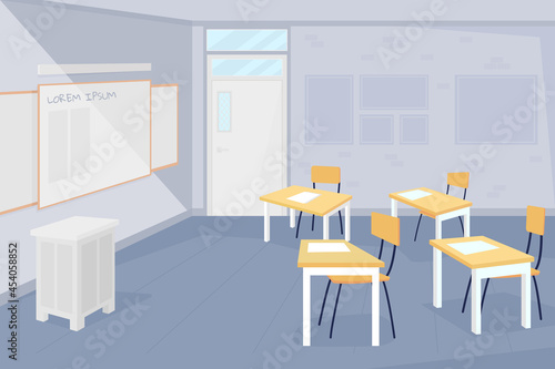 Empty classroom flat color vector illustration. Coronavirus lockdown and quarantine. Distant learning during covid. Nobody at school 2D cartoon with classroom interior on background