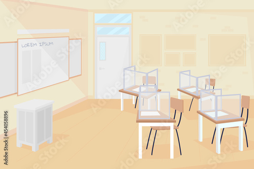 Empty class at school flat color vector illustration. Coronavirus precaution measure. School quarantine. Seats and desks with shield 2D cartoon interior with classroom on background