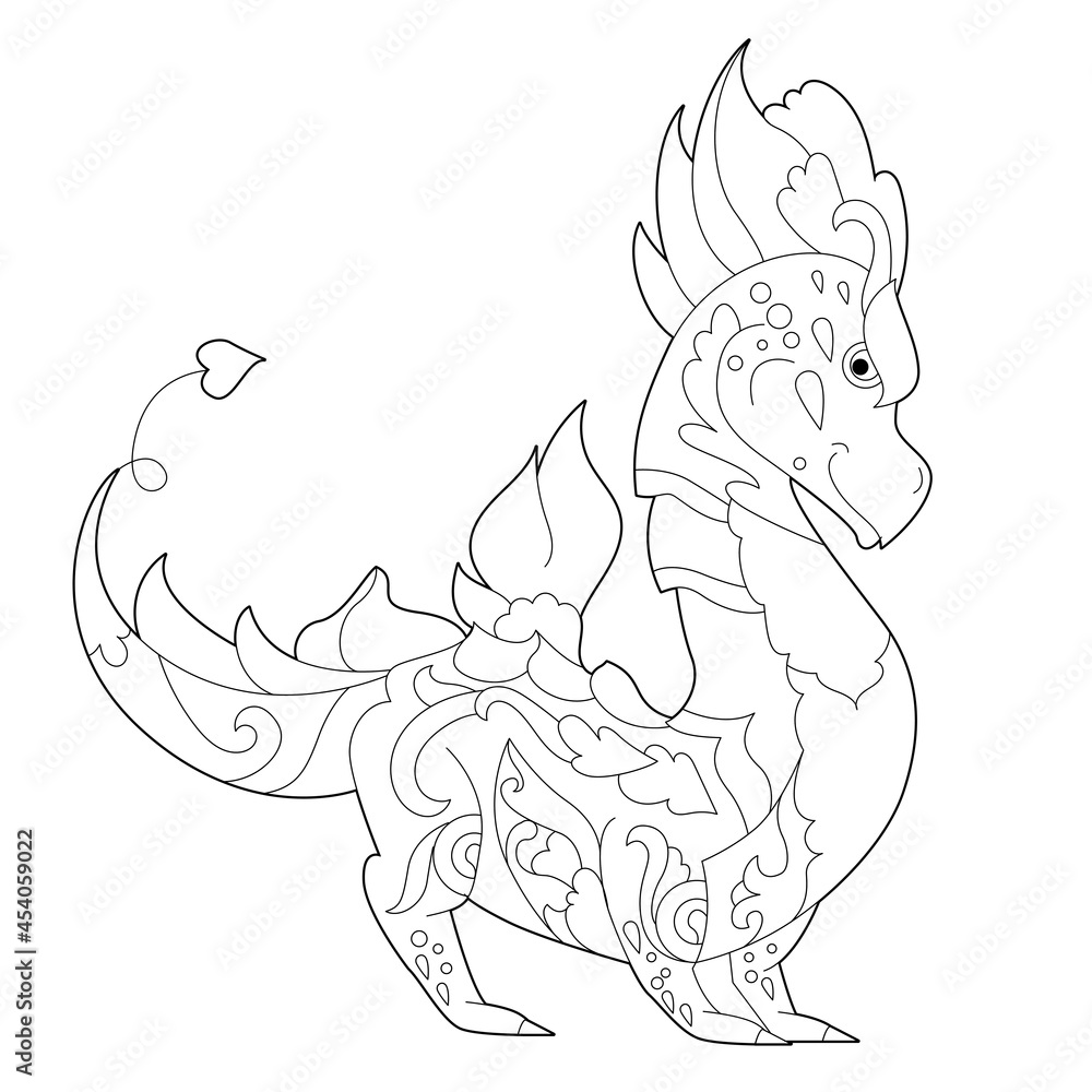 Fancy dragon on white background. Contour linear illustration for coloring book with fantasy reptile. Anti stress picture. Line art design for adult or kids in zentangle style and coloring page. Fancy dragon on white background. Contour linear illustration for coloring book with fantasy reptile. Anti stress picture. Line art design for adult or kids in zentangle style and coloring page.