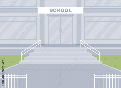 Empty school entrance flat color vector illustration. School building facade 2D cartoon exterior with entry on background. No students at entrance. Coronavirus precaution. Covid quarantine.