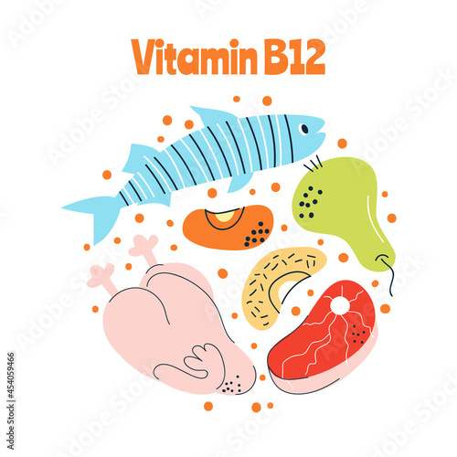 The main food sources of vitamin B12 The concept of healthy eating.