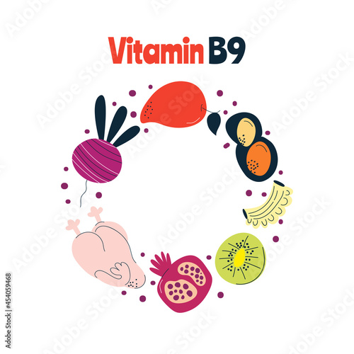 The main food sources of vitamin B9. Healthy food concept.