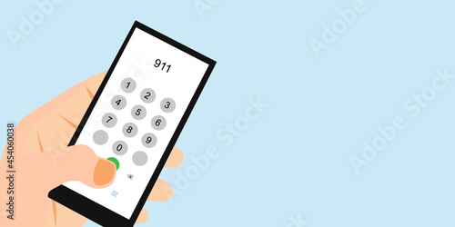 vector illustration, hand holding mobile phone with emergency number 911 on blue background