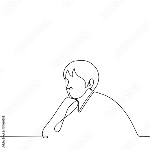 pensive man sitting - one line drawing. portrait of a man propping his chin with the back of his hand. the concept of reflexion, expectation