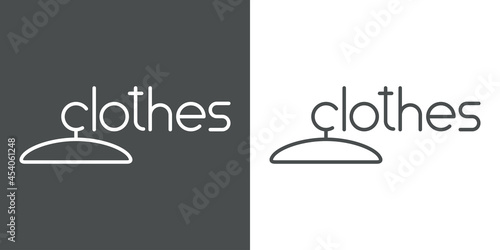 Banner con texto Clothes con forma de percha con lineas en fondo gris y fondo blanco