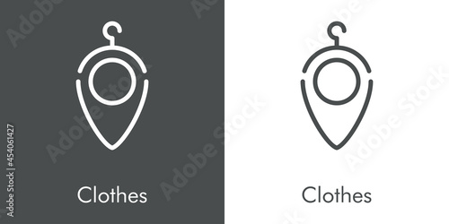 Logotipo con texto Clothes con silueta de percha con forma de puntero de posición con lineas en fondo gris y fondo blanco