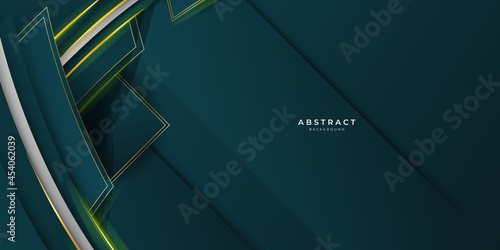 Abstract luxury geometric green background with gold lines background vector design template. Premium Graphic design element with golden frame