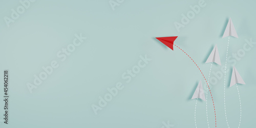 Red paper plane out of line with white paper to change disrupt and finding new normal way on blue background. Lift and business creativity new idea to discovery innovation technology. 3d render