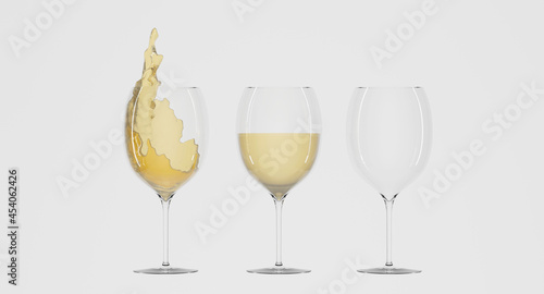 Wallpaper Mural Wineglasses with white wine mockup. Empty, full, with splashes and droplets crystal glasses, clear cups with champagne or alcohol drink isolated on white background. Realistic illustration, 3d render Torontodigital.ca