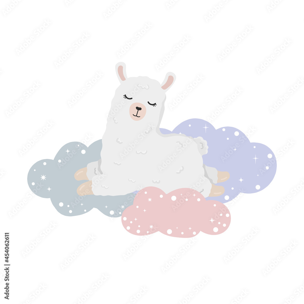 Illustration with sleeping alpaca (llama) on clouds in the sky. Illustration for posters, greeting cards, nursery decoration and baby t-shirts. Illustration with sleeping alpaca (llama) on clouds in the sky. Illustration for posters, greeting cards, nursery decoration and baby t-shirts.