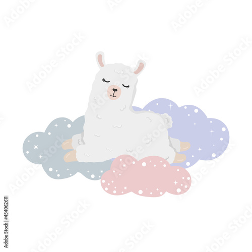 Illustration with sleeping alpaca (llama) on clouds in the sky. Illustration for posters, greeting cards, nursery decoration and baby t-shirts.