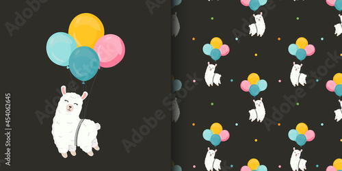 Seamless pattern and cartoon card  with cute alpaca (llama), balloons. Baby texture for fabric, wrapping, textile, wallpaper, clothing. Vector illustration. Happy Birthday